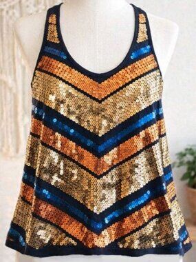 Bongo Sequin Chevron Racerback Tank Top S Party Clubwear Y2K Festival Glam Black